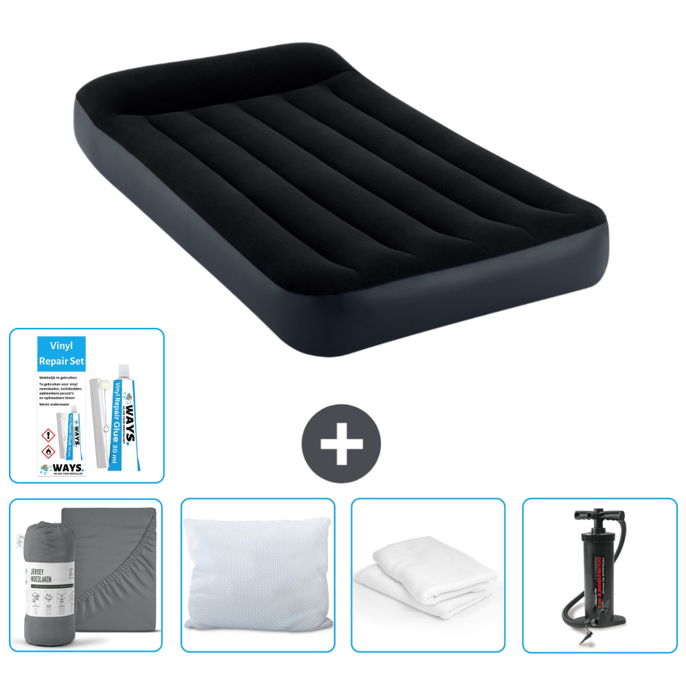 Dmuchane łóżko Intex - 1 osoba - 99 x 191 x 25 cm - Ciemnoniebieski - W zestawie Prześcieradło - Pocałunek - Pompka - Zestaw naprawczy en Ochraniacz na poduszkę
