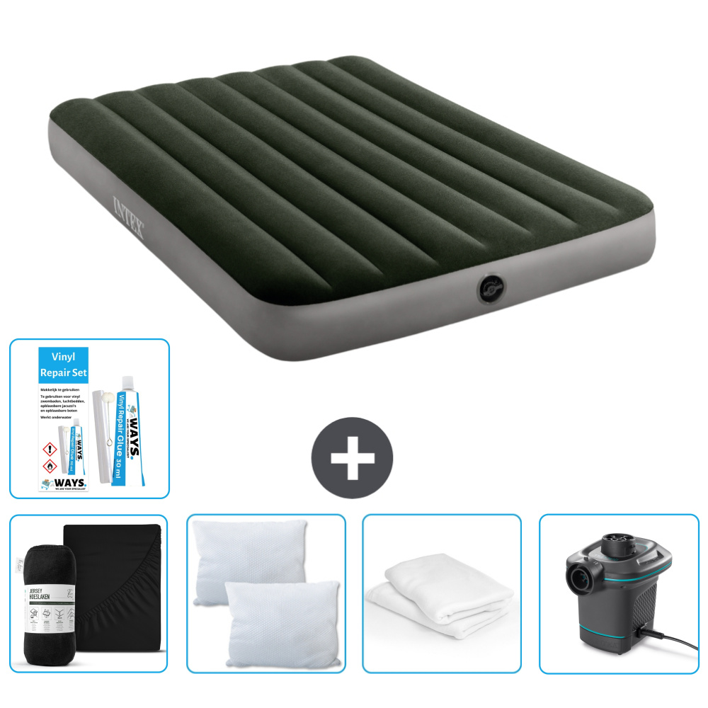 Łóżko powietrzne Intex - Łóżko podwójne - 137 x 191 x 25 cm - Zielony - W zestawie Prześcieradło - Całowanie - Pompka - Zestaw naprawczy en Ochraniacz na poduszkę