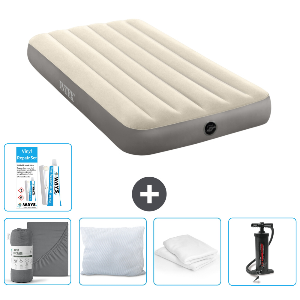Łóżko powietrzne Intex - 1 osoba - 99 x 191 x 25 cm - beżowe - w zestawie prześcieradło - pocałunek - pompka - zestaw naprawczy i ochraniacz na poduszkę