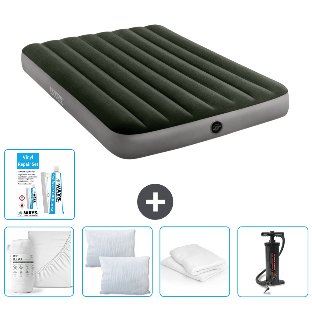 Łóżko powietrzne Intex - Łóżko podwójne - 137 x 191 x 25 cm - Zielony - W zestawie Prześcieradło - Całowanie - Pompka - Zestaw naprawczy en Ochraniacz na poduszkę