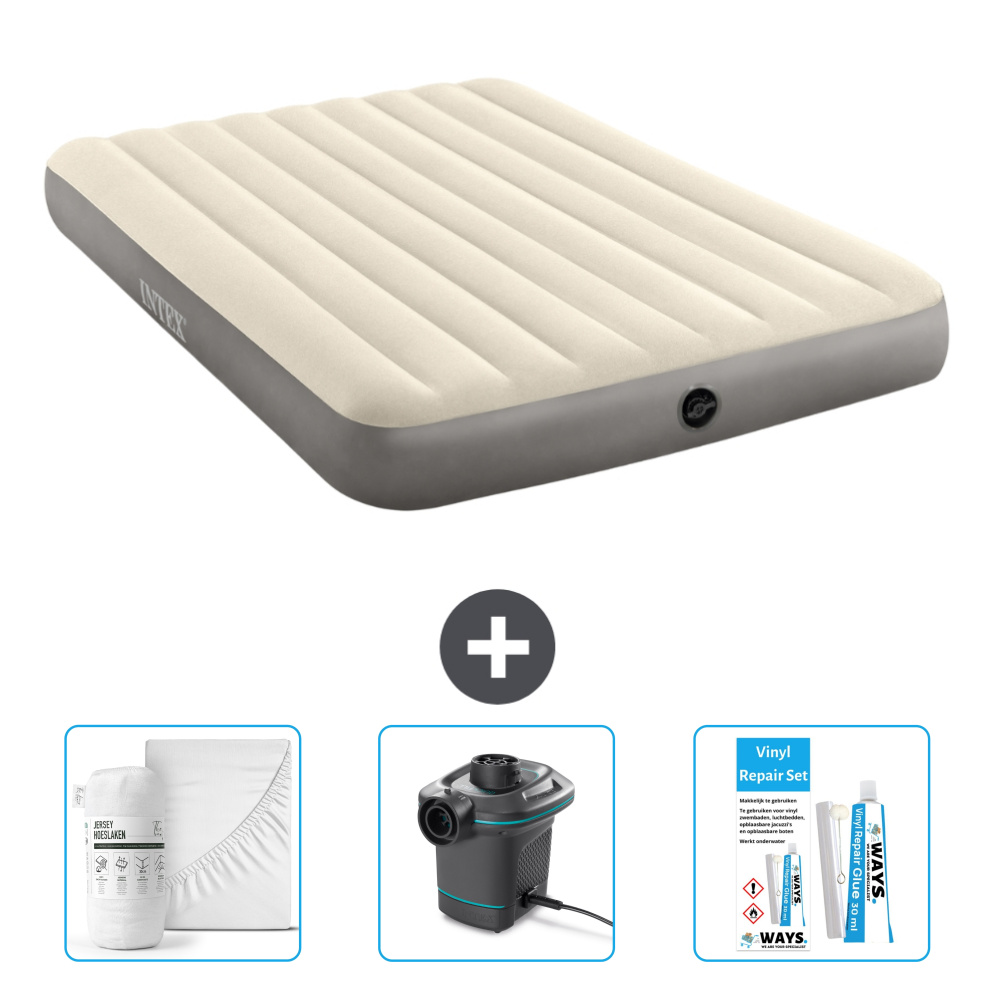 Dmuchane łóżko Intex - 2 osoby - 152 x 203 x 25 cm - beżowe - w zestawie prześcieradło - pompka i zestaw naprawczy