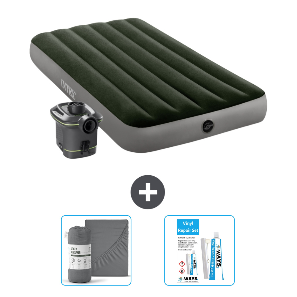Dmuchane łóżko Intex - 1 osoba - 99 x 191 x 25 cm - Zielony - W zestawie pompka - Prześcieradło i zestaw naprawczy