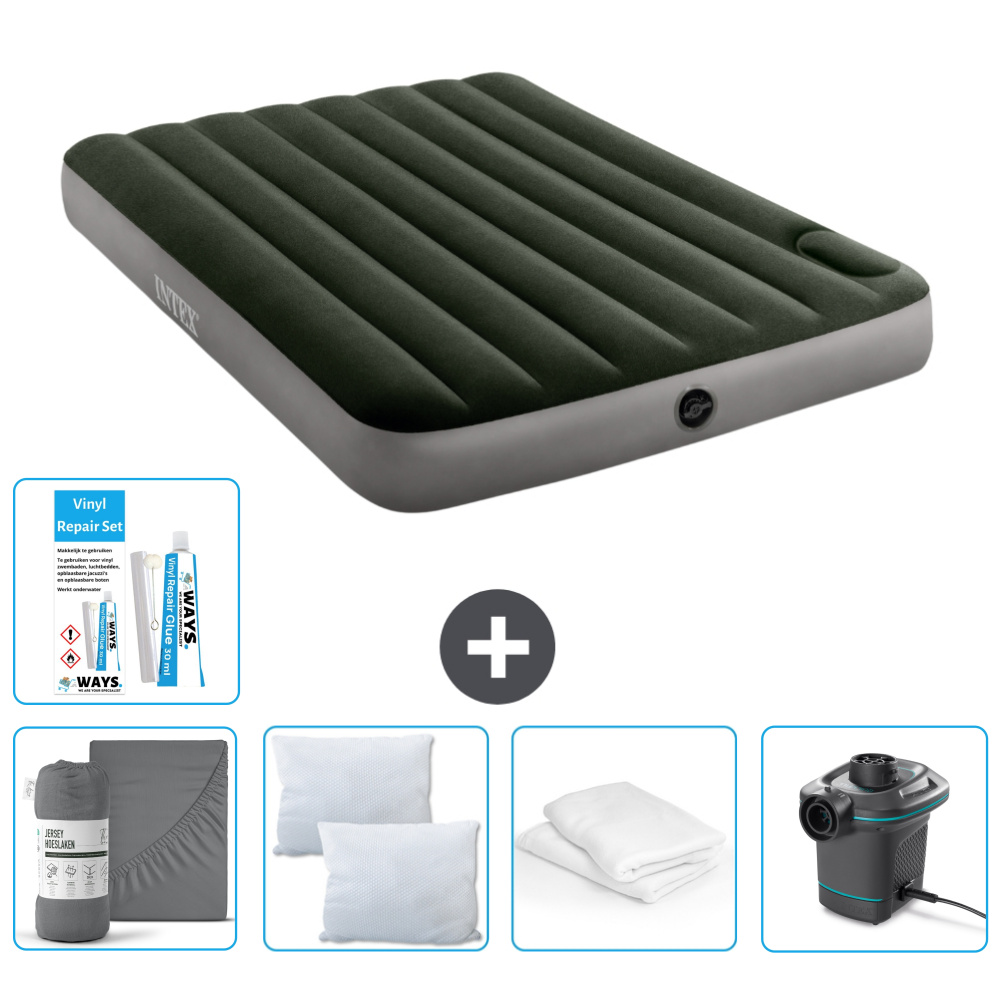 Łóżko powietrzne Intex - Łóżko podwójne - 137 x 191 x 25 cm - Zielony - Prześcieradło - Pompka - Zestaw naprawczy i ochraniacz na poduszkę