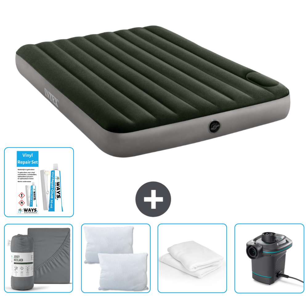 Dmuchane łóżko Intex - 2 osoby - 152 x 203 x 25 cm - zielone - prześcieradło - pompka - zestaw naprawczy en ochraniacz na poduszkę