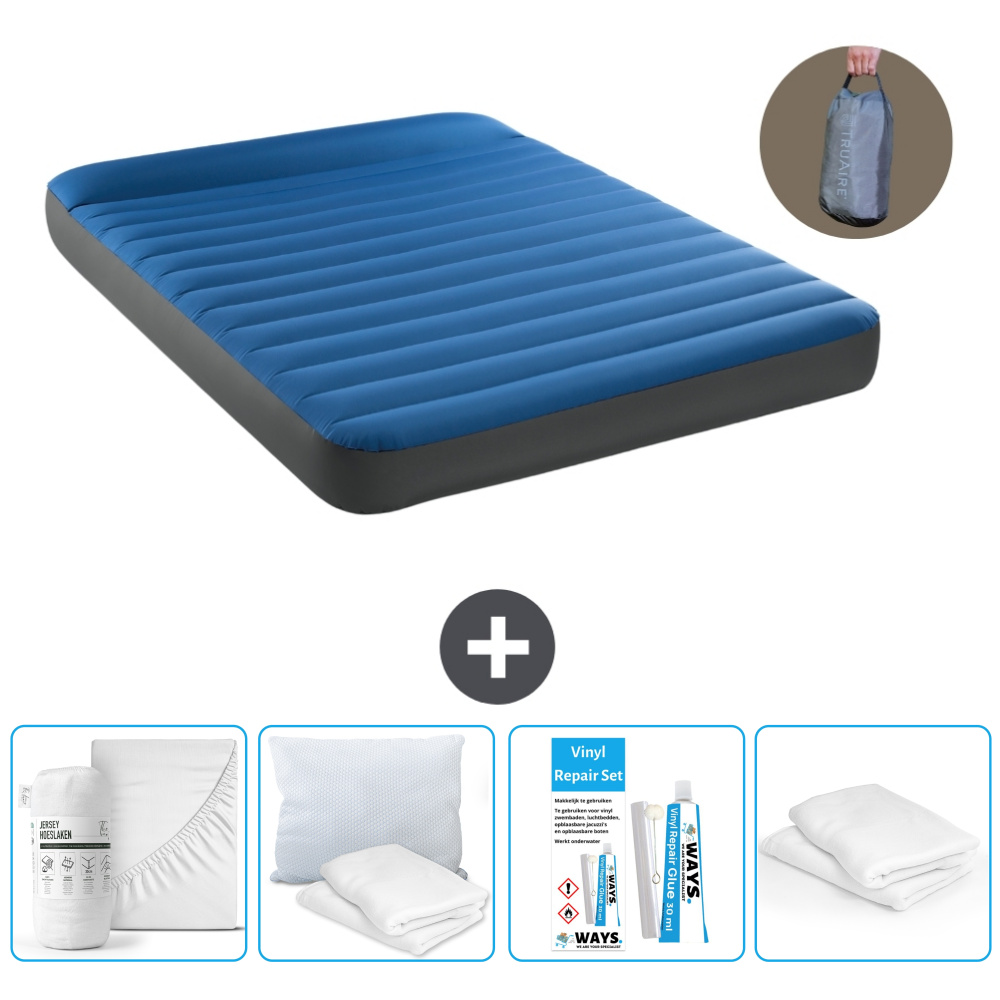 Łóżko powietrzne Intex - 2 osoby - 152 x 203 x 22 cm - Niebieski - Z pompką - Prześcieradło - Całowanie - Zestaw naprawczy en Ochraniacz na poduszkę