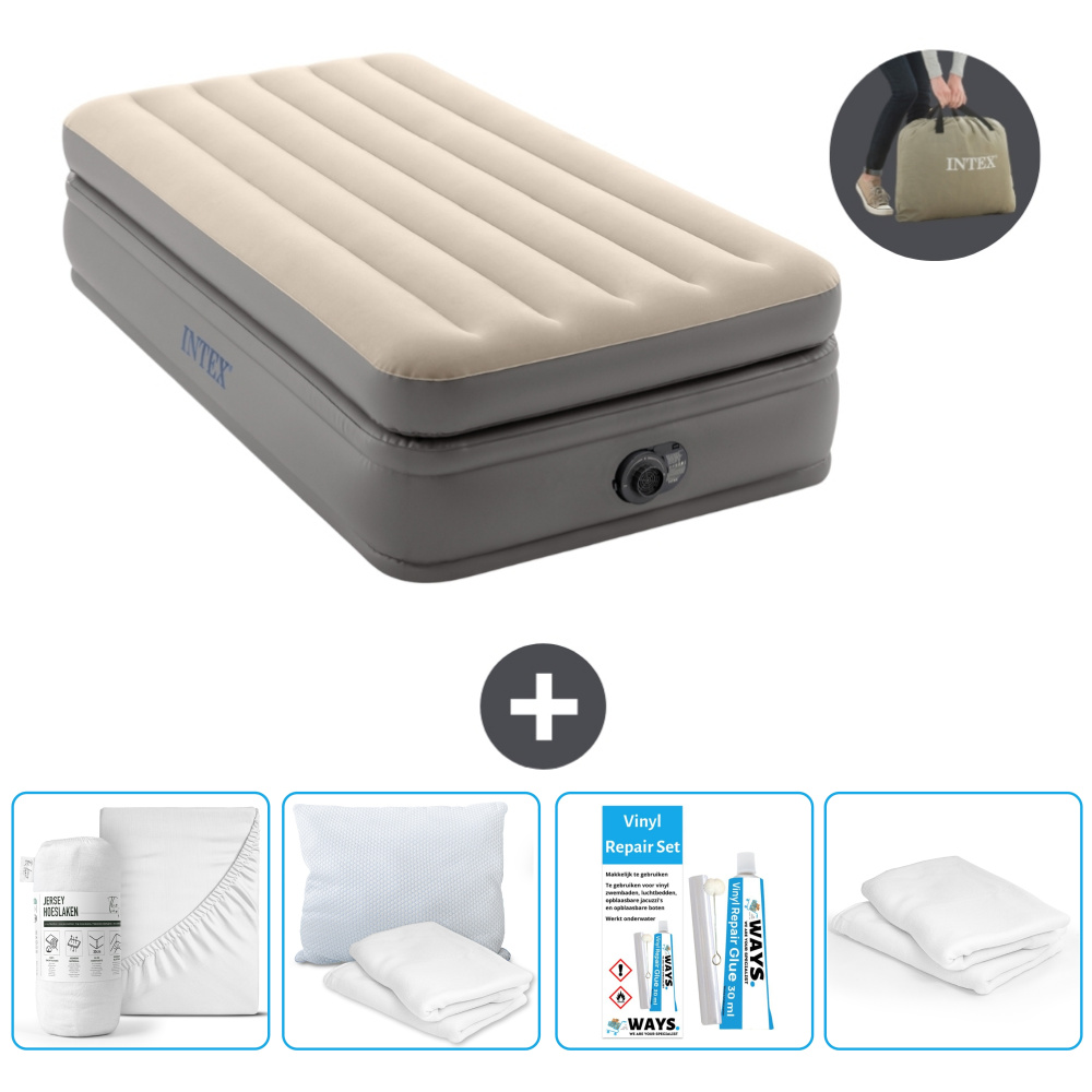 Łóżko powietrzne Intex - 1 osoba - 99 x 191 x 51 cm - Szare - Z pompką - Prześcieradło - Całowanie - Zestaw naprawczy en Ochraniacz na poduszkę