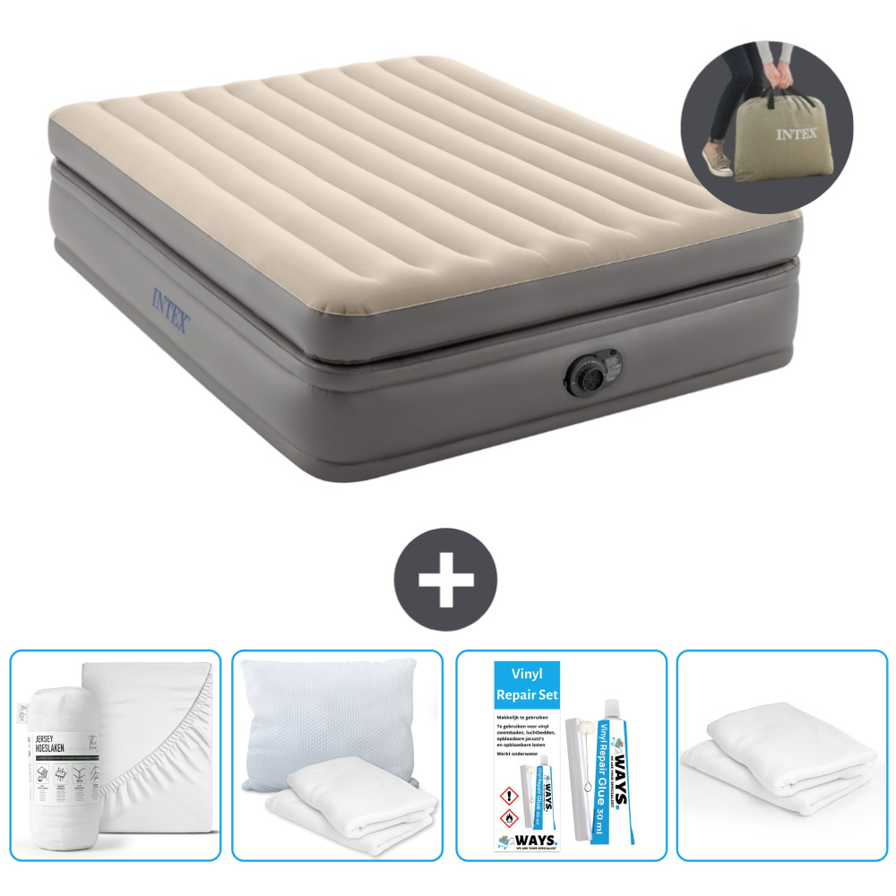 Łóżko powietrzne Intex - 2 osoby - 152 x 203 x 51 cm - Szare - Z pompką - Prześcieradło - Całowanie - Zestaw naprawczy en Ochraniacz na poduszkę