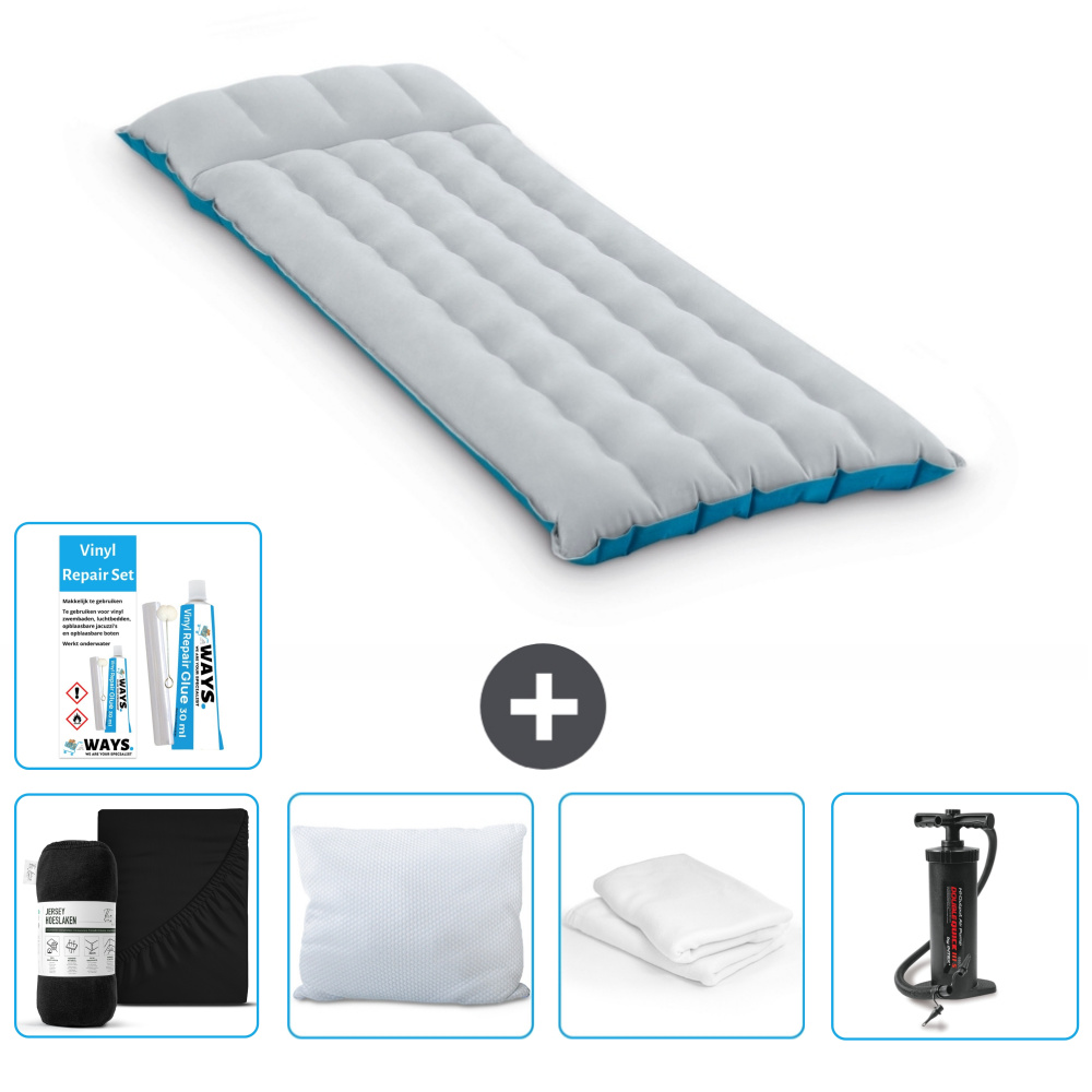 Mata kempingowa Intex - 1 osoba - 67 x 184 x 17 cm - niebieska - zawiera prześcieradło - pocałunek - pompkę - zestaw naprawczy i ochraniacz na poduszkę