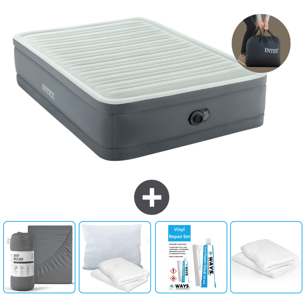 Łóżko powietrzne Intex - łóżko podwójne - 137 x 191 x 46 cm - szare - z pompką - prześcieradło - zestaw naprawczy i ochraniacze na poduszki