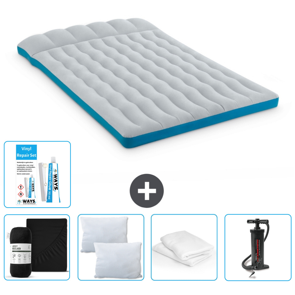 Mata kempingowa Intex - 2 osoby - 127 x 193 x 24 cm - niebieska - w zestawie prześcieradło - buziak - pompka - zestaw naprawczy en ochraniacz na poduszkę