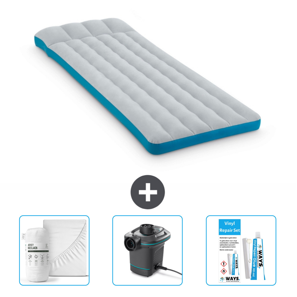 Mata kempingowa Intex - łóżko francuskie - 72 x 189 x 20 cm - niebieska - zawiera prześcieradło - pompkę i zestaw naprawczy