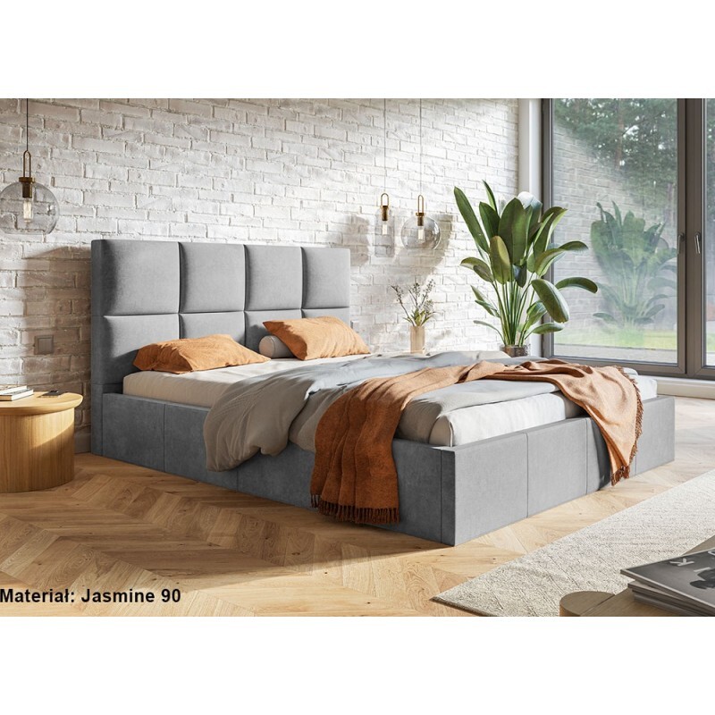 Łóżko tapicerowane SLIM z wezgłowiem, 160x200 cm, łóżko podwójne z podstawą łóżka i stelażem z listew drewnianych, tkanina welurowa, kolor: szary
