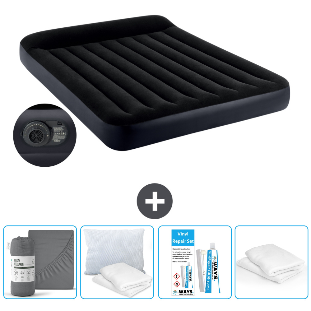 Łóżko powietrzne Intex - 2 osoby - 152 x 203 x 25 cm - Niebieski - Z pompką - Prześcieradło - Całowanie - Zestaw naprawczy en Ochraniacz na poduszkę