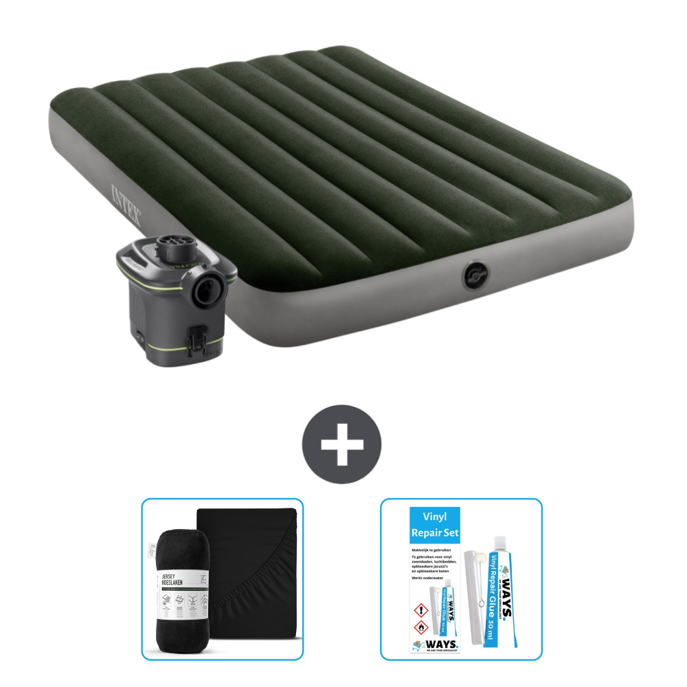Intex Airbed - Podwójne łóżko - 137 x 191 x 25 cm - Zielony - W zestawie pompka - prześcieradło i zestaw naprawczy