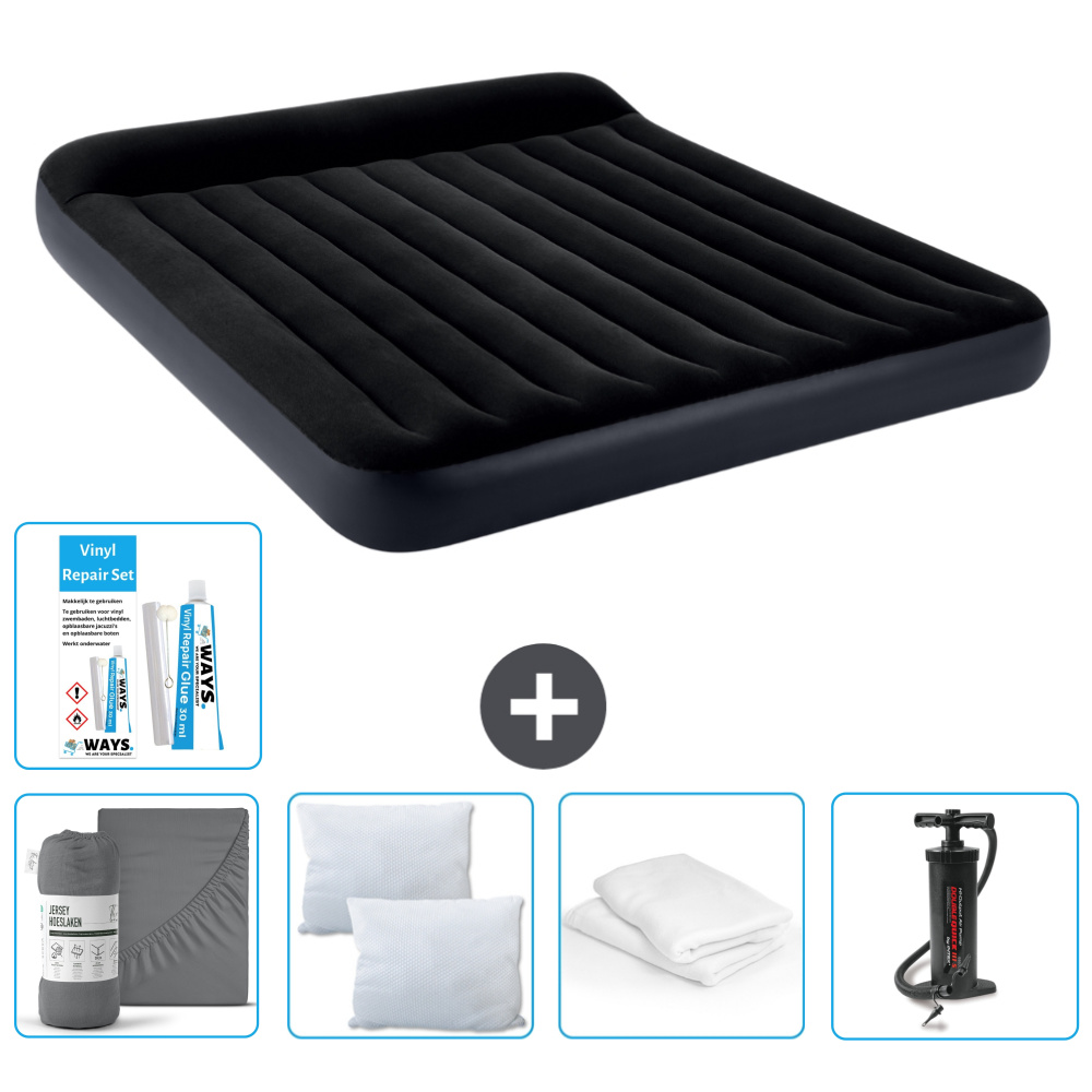 Łóżko powietrzne Intex - 2 osoby - 183 x 203 x 25 cm - Ciemnoniebieski - W zestawie prześcieradło - Pocałunek - Pompka - Zestaw naprawczy en Ochraniacz na poduszkę