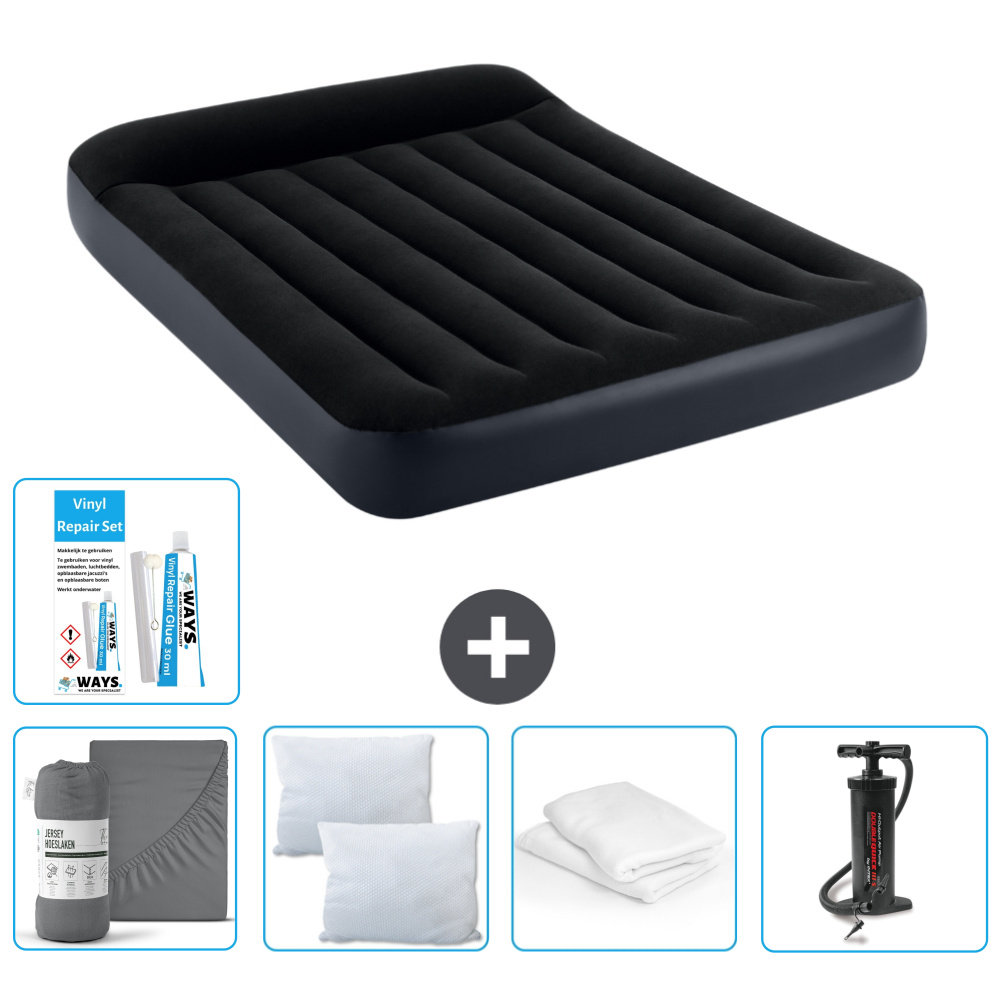 Łóżko powietrzne Intex - Łóżko podwójne - 137 x 191 x 25 cm - Ciemnoniebieski - W zestawie prześcieradło - Pocałunek - Pompka - Zestaw naprawczy en Ochraniacz na poduszkę