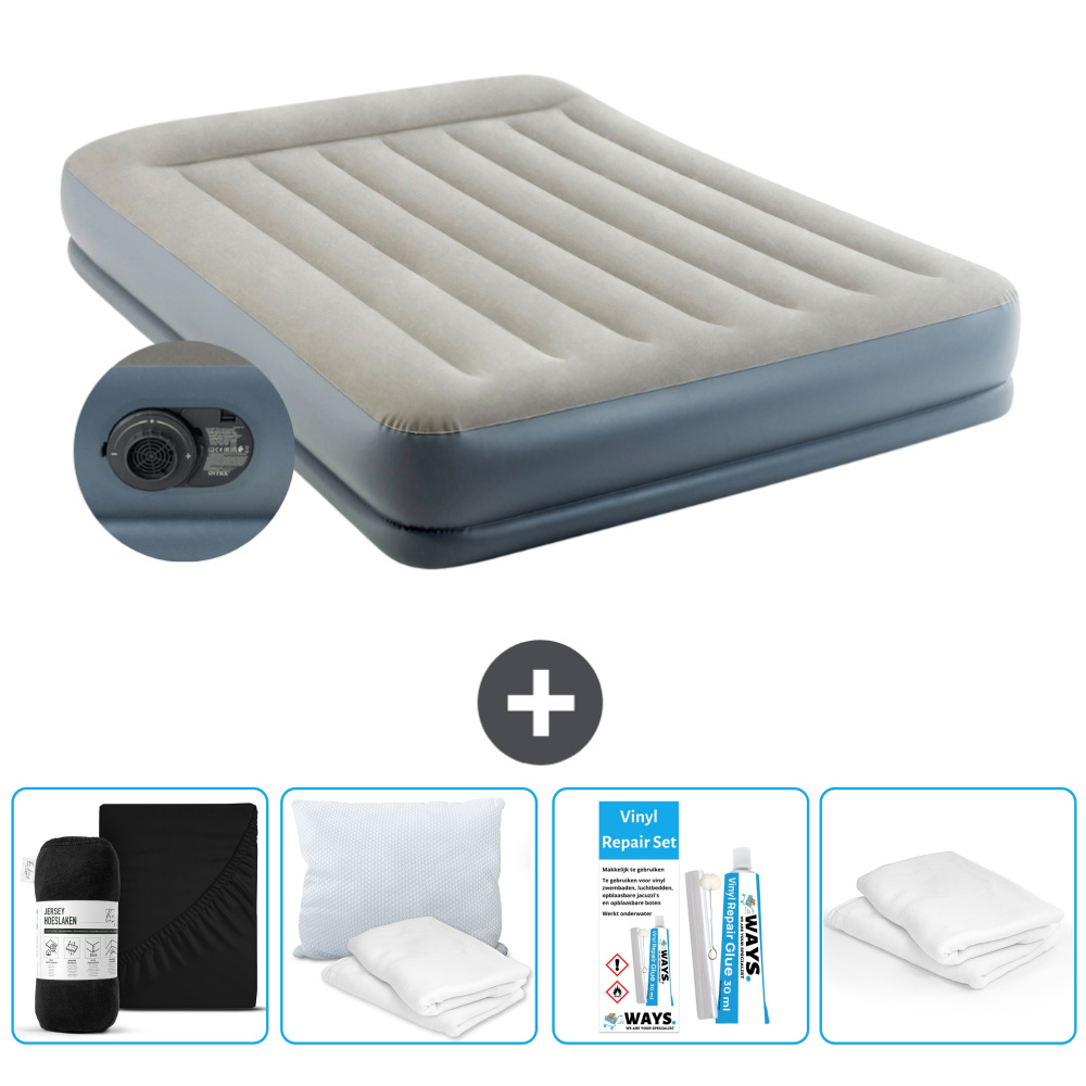 Łóżko powietrzne Intex - 2 osoby - 152 x 203 x 30 cm - Szare - Z pompką - Prześcieradło - Całowanie - Zestaw naprawczy en Ochraniacz na poduszkę
