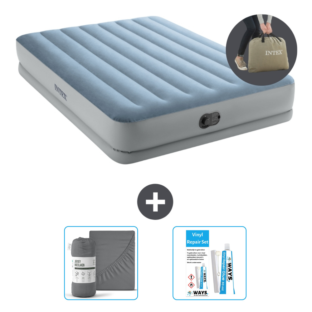 Dmuchane łóżko Intex - 2 osoby - 152 x 203 x 36 cm - Niebieski/szary - W zestawie pompka - Prześcieradło i zestaw naprawczy