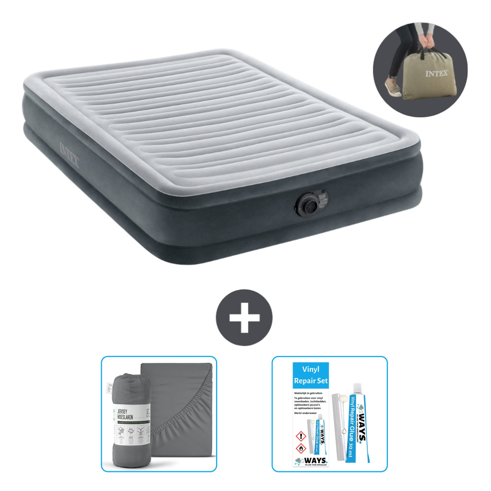 Intex Airbed - Podwójne łóżko - 137 x 191 x 33 cm - Szare - W zestawie pompka - prześcieradło i zestaw naprawczy