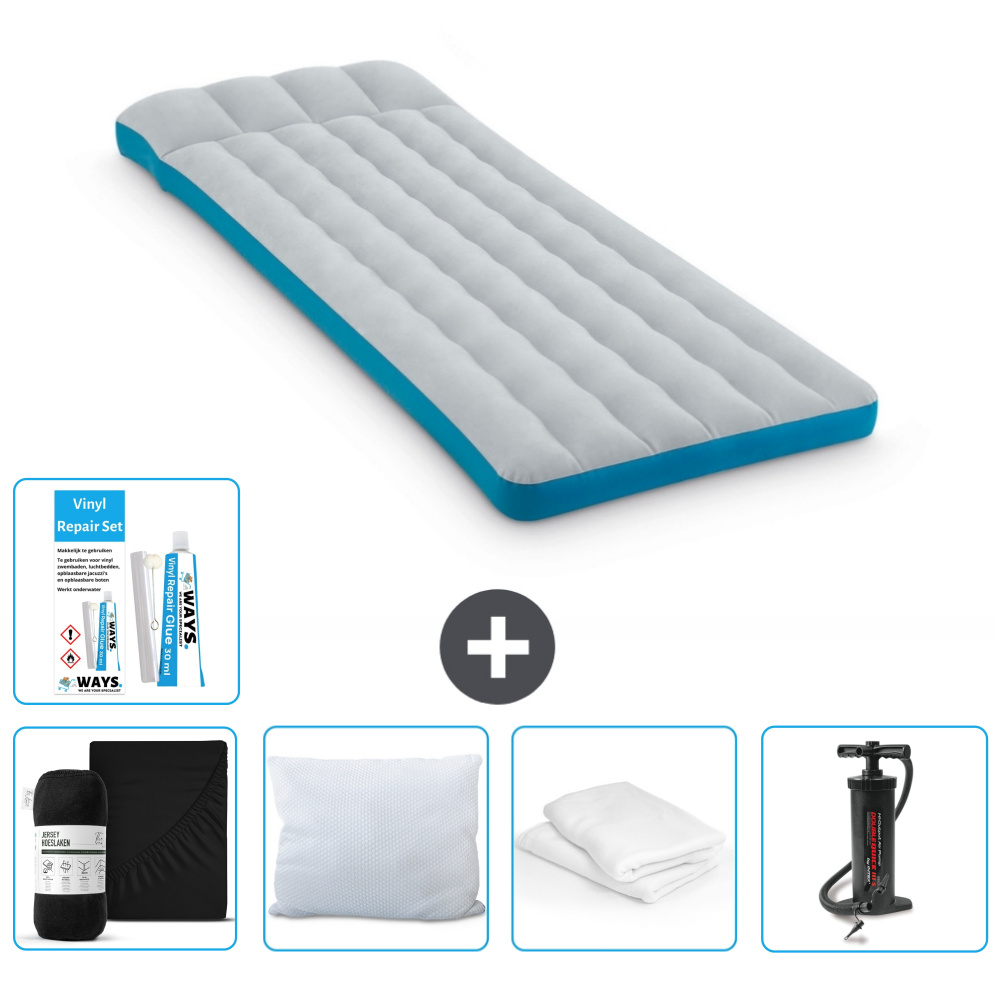 Mata kempingowa Intex - łóżko francuskie - 72 x 189 x 20 cm - niebieska - w zestawie prześcieradło - całowanie - pompka - zestaw naprawczy en ochraniacz na poduszkę