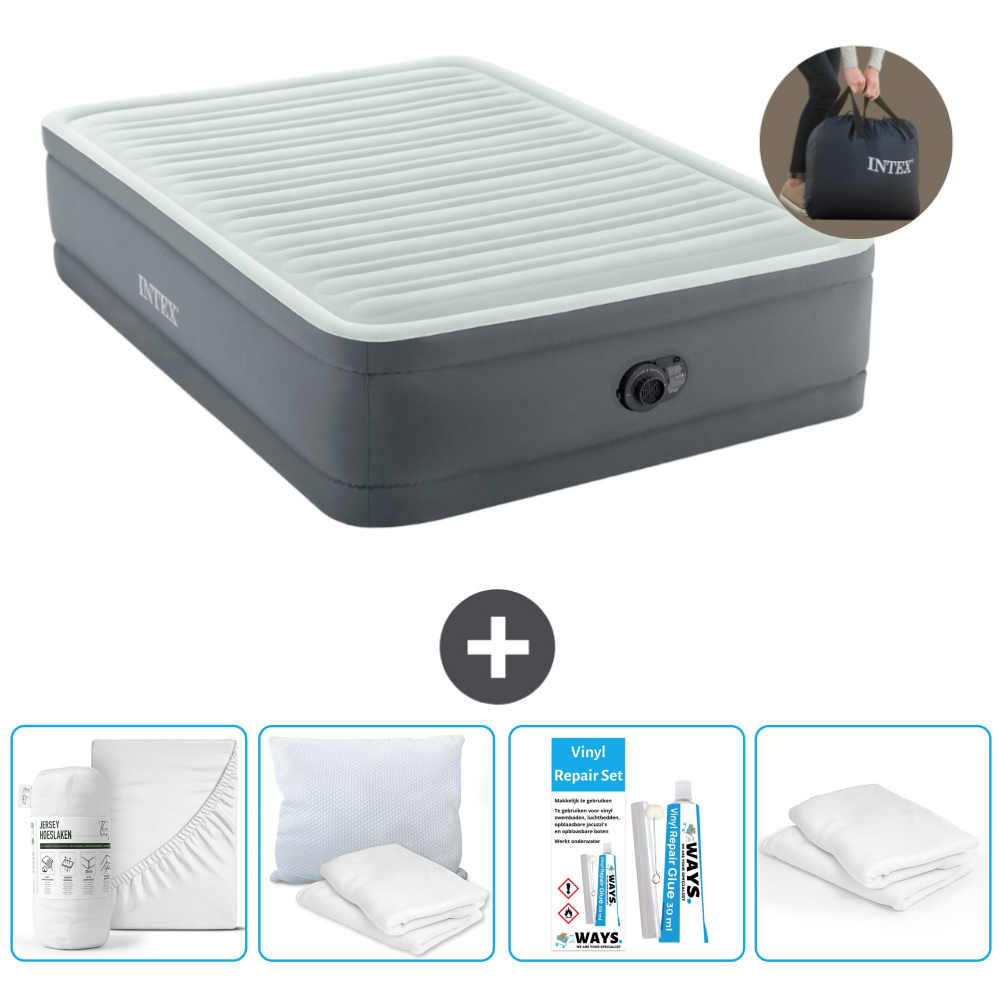 Łóżko powietrzne Intex - łóżko podwójne - 137 x 191 x 46 cm - szare - z pompką - prześcieradło - zestaw naprawczy i ochraniacze na poduszki