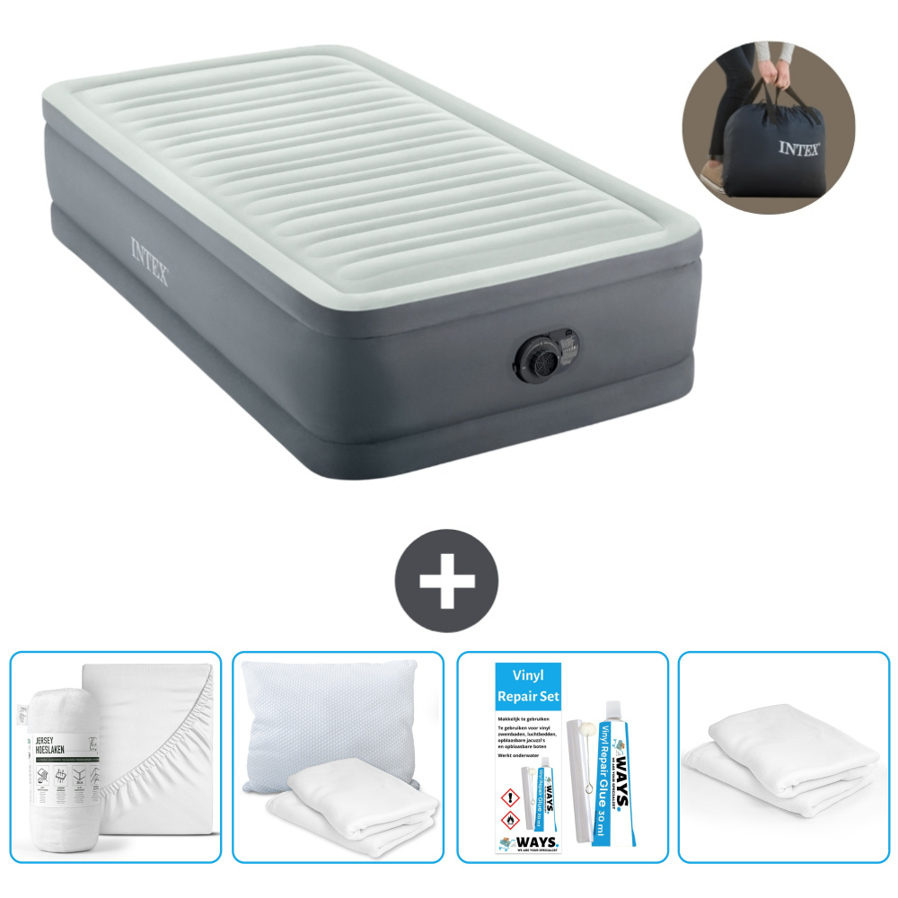 Łóżko powietrzne Intex - 1 osoba - 99 x 191 x 46 cm - Szary - Pompka w zestawie - Prześcieradło - Całowanie - Zestaw naprawczy en Ochraniacz na poduszkę