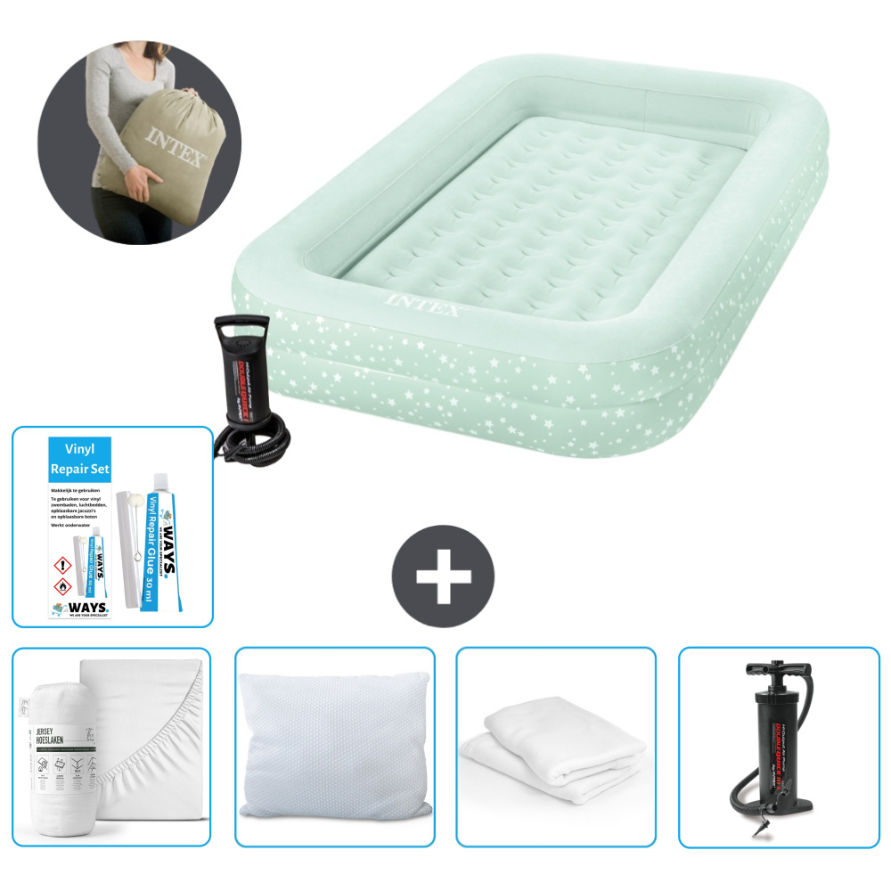 Materac dmuchany Intex Kidz - 1 osoba - 107 x 168 x 25 cm - Miętowa zieleń - W zestawie pompka - prześcieradło - pompka - zestaw naprawczy en ochraniacz na poduszkę