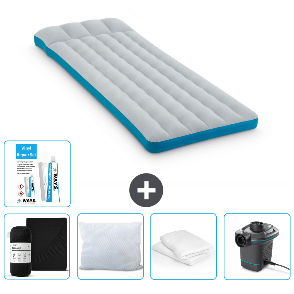 Mata kempingowa Intex - łóżko francuskie - 72 x 189 x 20 cm - niebieska - w zestawie prześcieradło - całowanie - pompka - zestaw naprawczy en ochraniacz na poduszkę