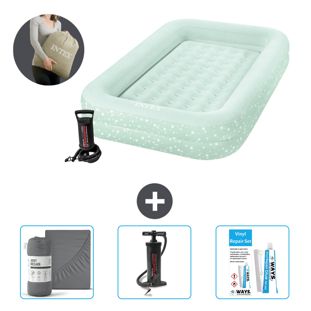 Materac dmuchany Intex Kidz - 1 osoba - 107 x 168 x 25 cm - Miętowa zieleń - W zestawie pompka - prześcieradło - pompka i zestaw naprawczy
