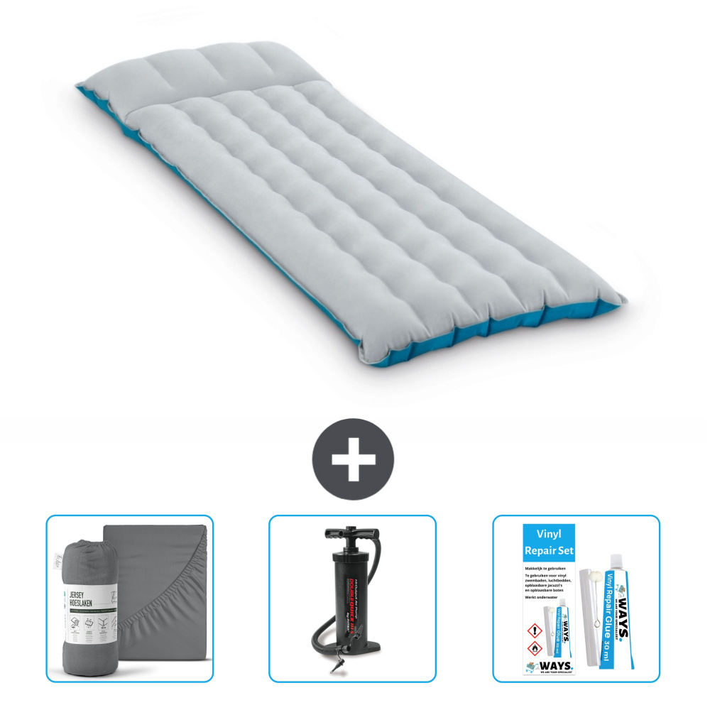 Mata kempingowa Intex - 1 osoba - 67 x 184 x 17 cm - niebieska - zawiera prześcieradło - pompkę i zestaw naprawczy