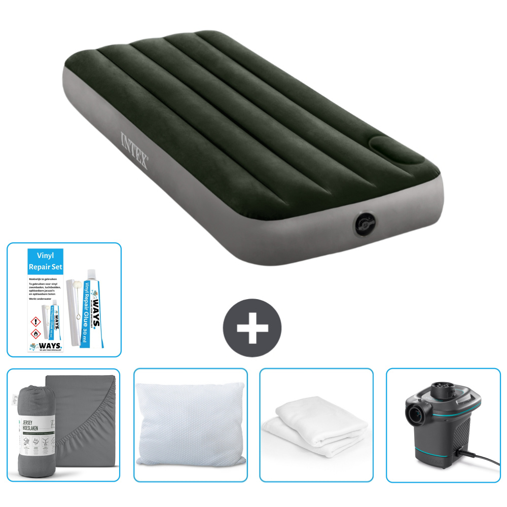 Dmuchane łóżko Intex - 1 osoba - 76 x 191 x 25 cm - zielone - prześcieradło - całowanie - pompka - zestaw naprawczy en ochraniacz na poduszkę