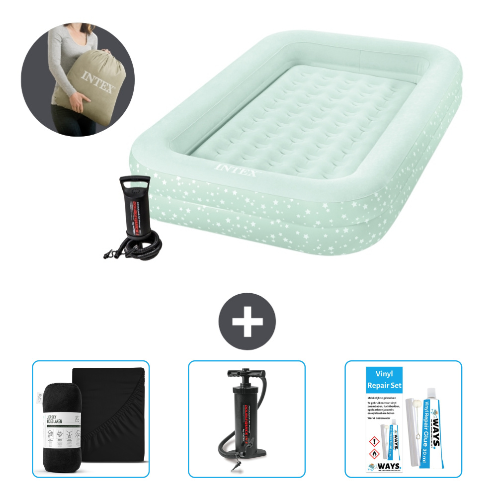 Materac dmuchany Intex Kidz - 1 osoba - 107 x 168 x 25 cm - Miętowa zieleń - W zestawie pompka - prześcieradło - pompka i zestaw naprawczy