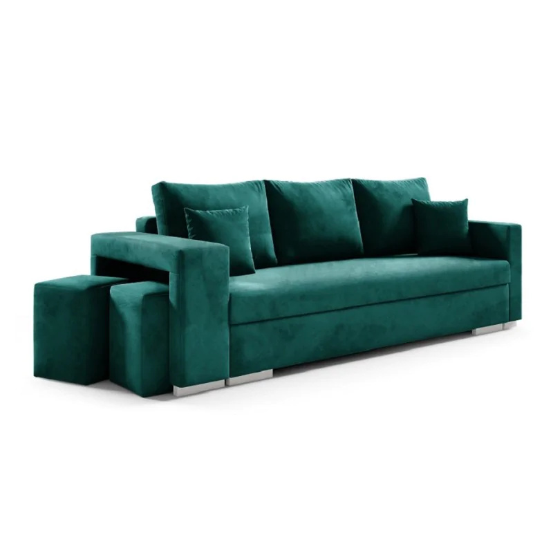 Sofa rozkładana TANGO, sofa z funkcją spania i pojemnikiem na pościel, sofa rozkładana z dwoma pufami, tkanina welurowa, kanapa w kolorze: zielony