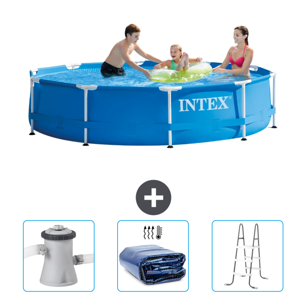 Basen Intex z okrągłą ramą - 305 x 76 cm - Niebieski - W zestawie pompa filtrująca do basenu - Żagiel przeciwsłoneczny - Drabinka