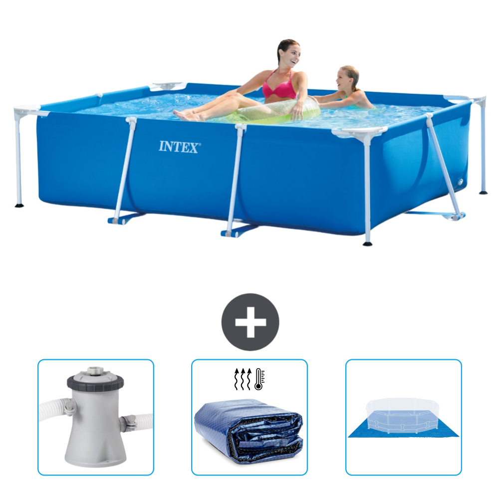 Basen Intex z prostokątną ramą - 220 x 150 x 60 cm - niebieski - zawiera pompę filtrującą do basenu - żagiel przeciwsłoneczny - przykrycie gruntu
