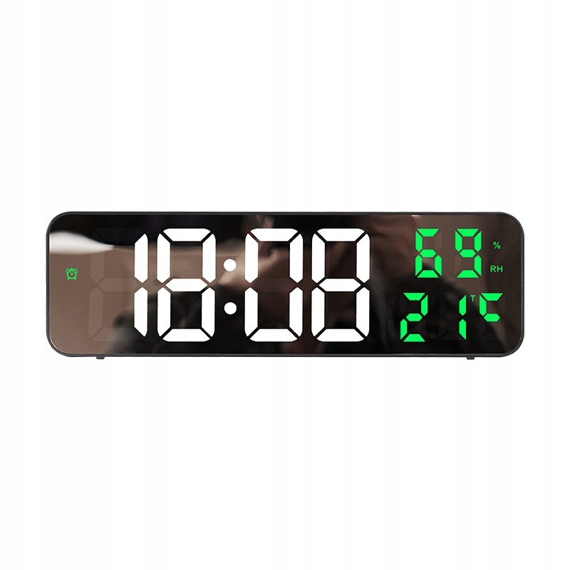 Zegar ŚCIENNY LED Temperatura NAWILŻENIE 12/24 LUSTRO Zielony ŚCIEMNIANIE