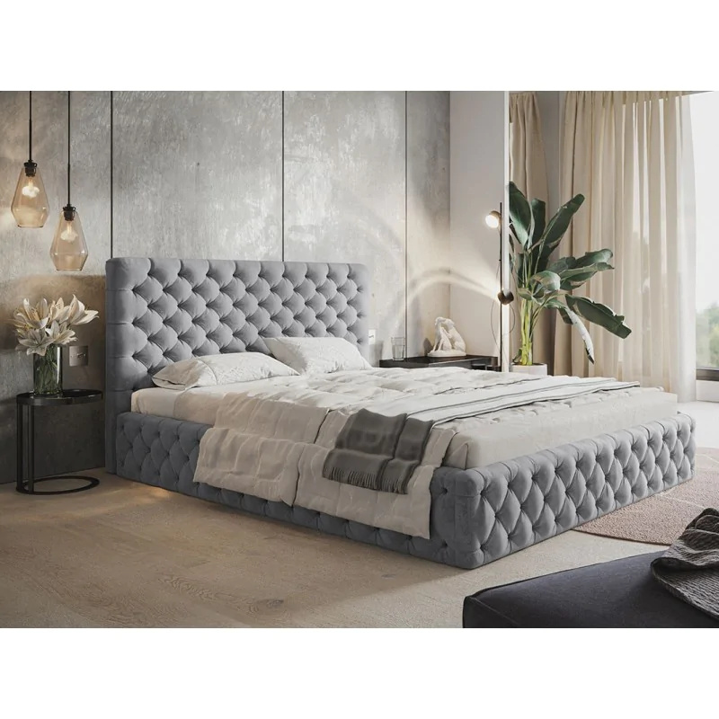Łóżko tapicerowane SIM 8 z zagłówkiem, 120x200 cm, łóżko podwójne z podstawą łóżka i stelażem z listew wykonanych z drewna, tkanina welurowa, kolor: szary