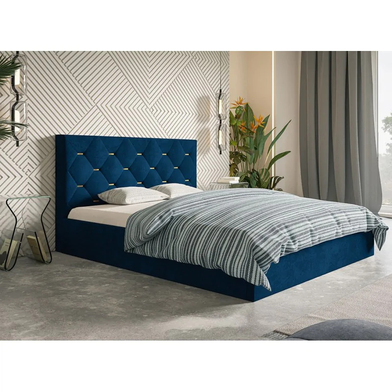 Łóżko tapicerowane SIM 4 z zagłówkiem, 140x200 cm, łóżko podwójne z podstawą łóżka i stelażem wykonanym z drewna, tkanina welurowa, kolor: niebieski