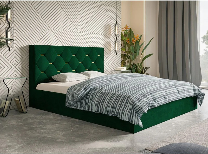Łóżko tapicerowane SIM 4 z zagłówkiem, 120x200 cm, łóżko podwójne z podstawą łóżka i stelażem wykonanym z drewna, tkanina welurowa, kolor: zielony
