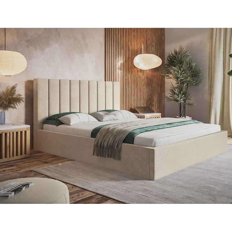 Łóżko tapicerowane SIM 9 z wezgłowiem, 120x200 cm, łóżko podwójne z podstawą łóżka i stelażem z listew drewnianych, tkanina welurowa, kolor: beżowy