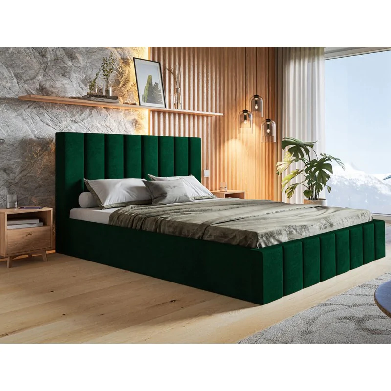 Łóżko tapicerowane SIM 10 z wezgłowiem, 160x200 cm, łóżko podwójne z podstawą łóżka i stelażem z listew drewnianych, tkanina welurowa, kolor: zielony