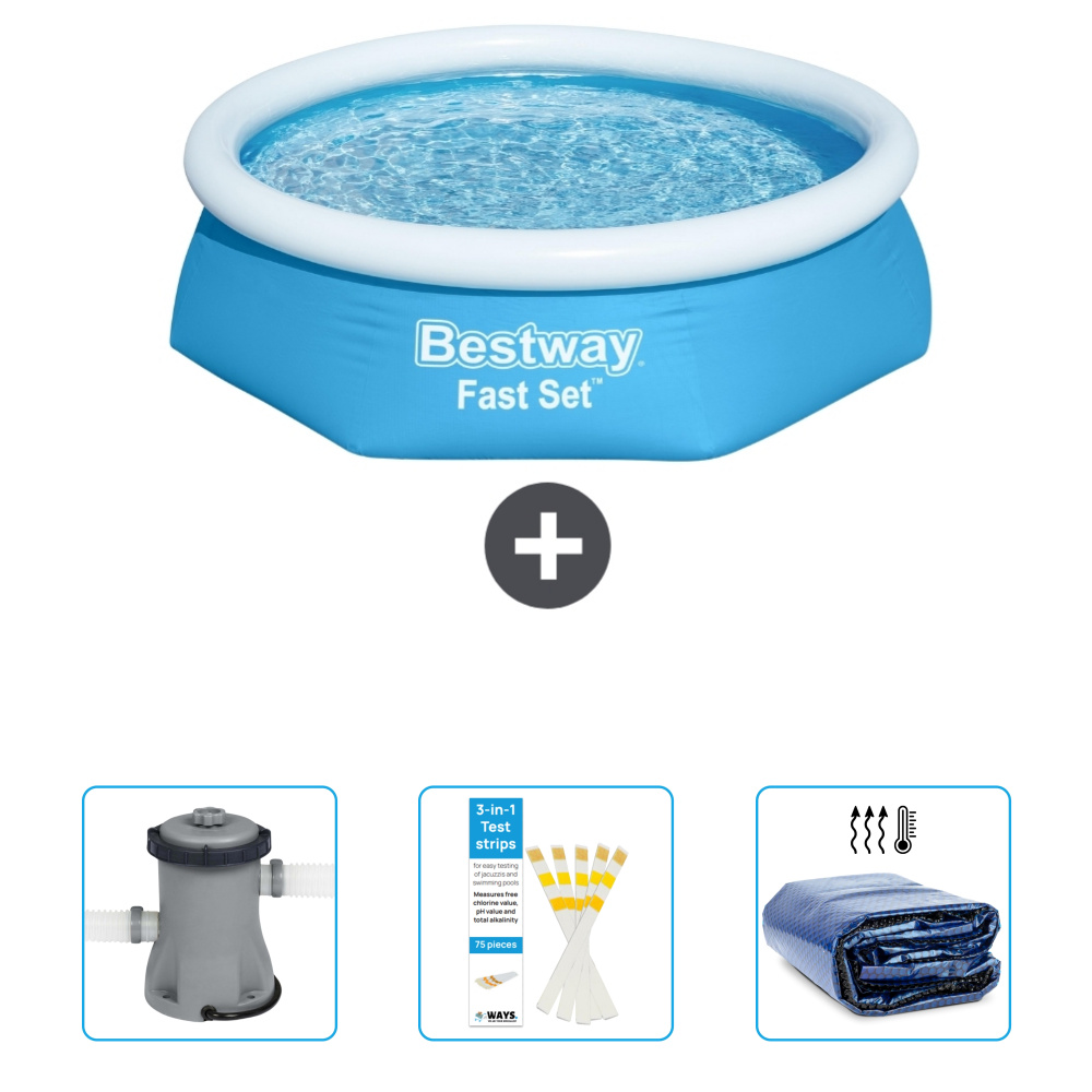 Okrągły nadmuchiwany basen Fast-Set Bestway - 244 x 61 cm - niebieski - zawiera pompkę - paski testowe - żagiel przeciwsłoneczny