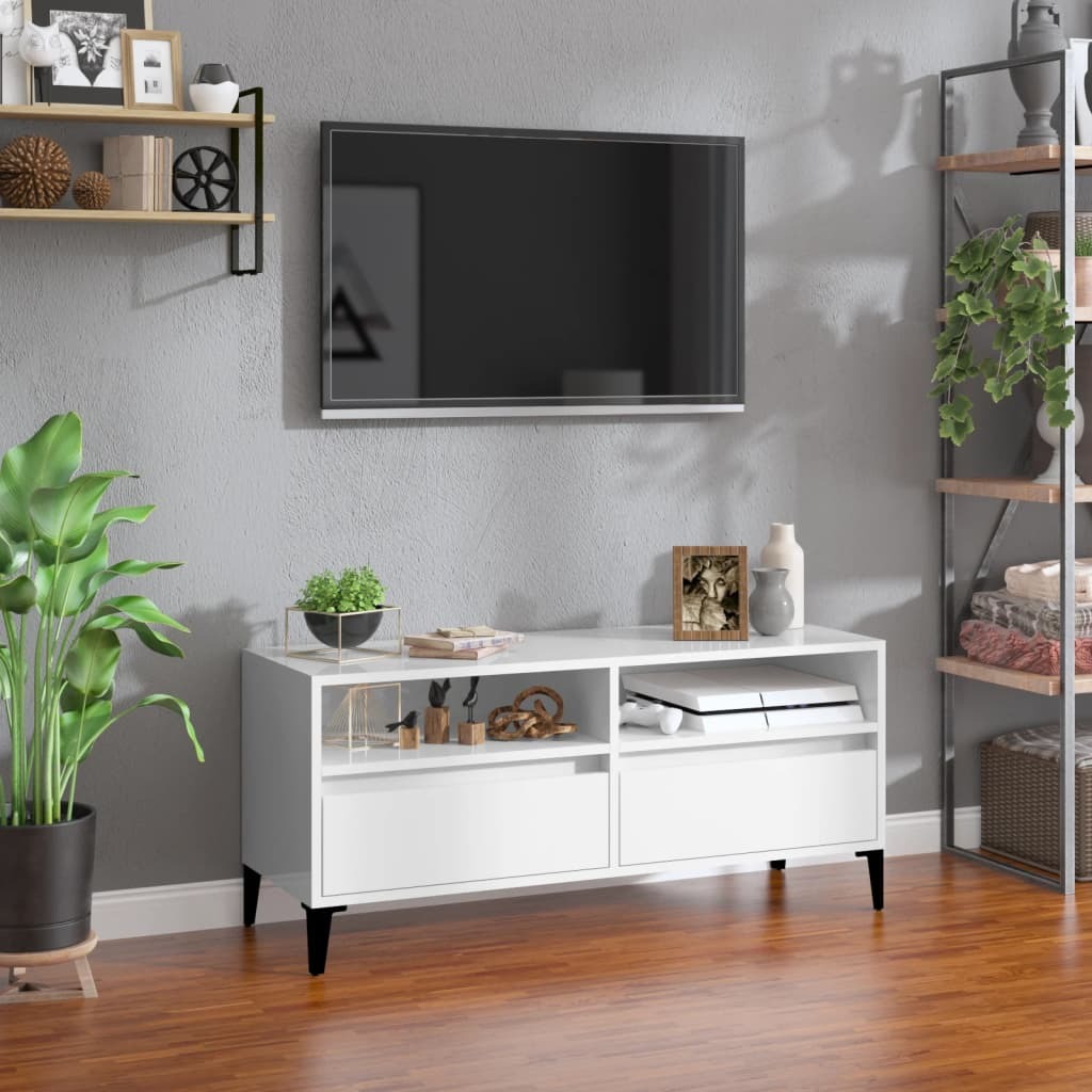 Szafka pod TV biały wysoki połysk 100x34,5x44,5 cm materiał drewnopochodny
