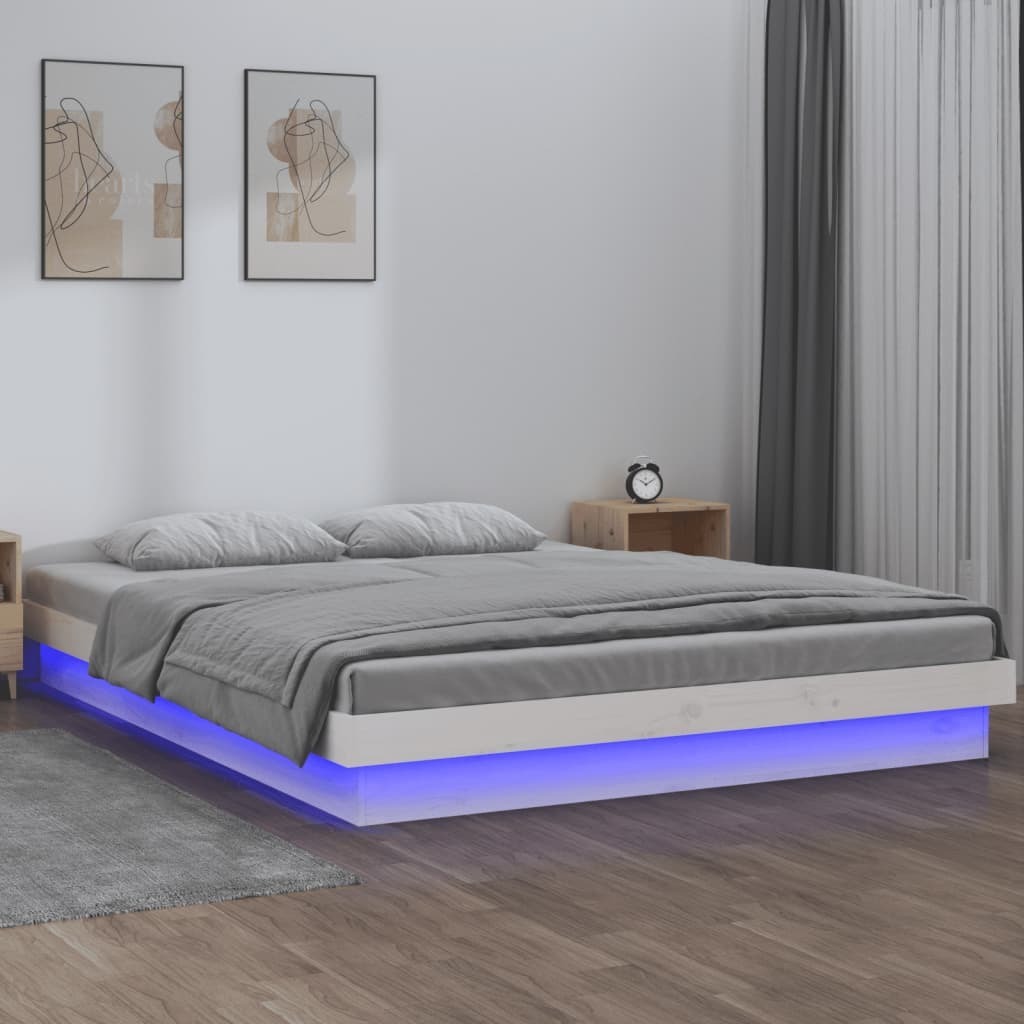 Łóżko z litego drewna z diodami LED białe 160x200 cm