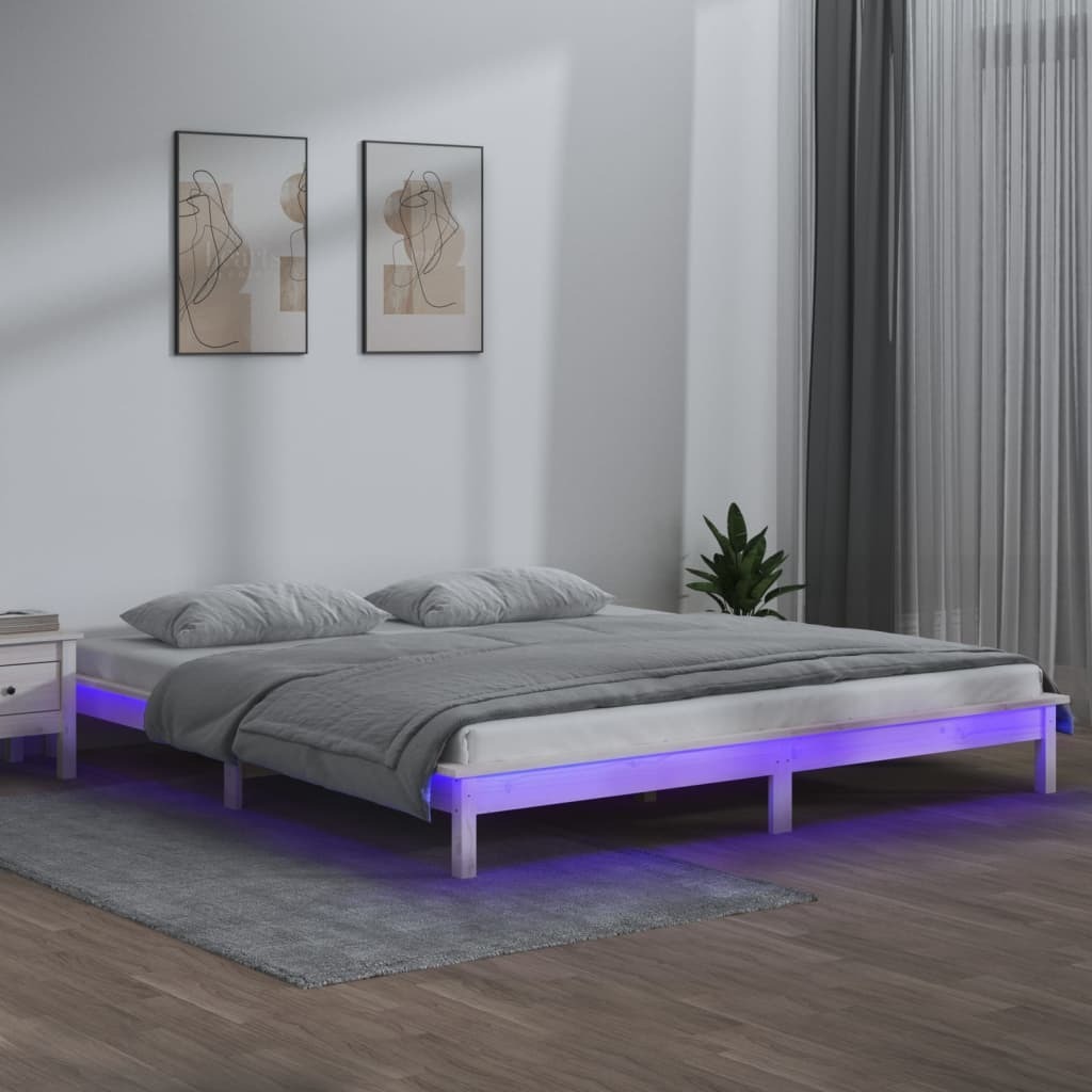 Łóżko z litego drewna z diodami LED białe 140x190 cm