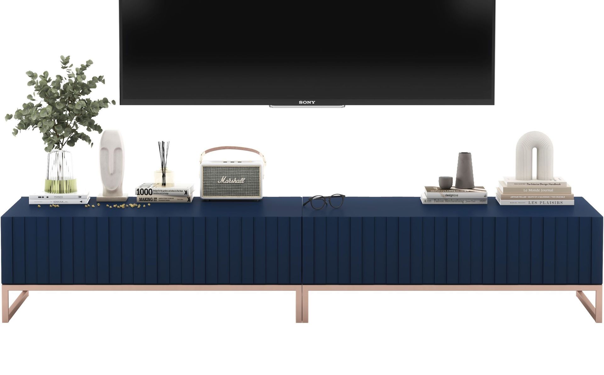 Szafka RTV Glamour Stolik Uniwersalna Komoda RTV Granatowy Mat 220 cm Zestaw Ramy metalowe