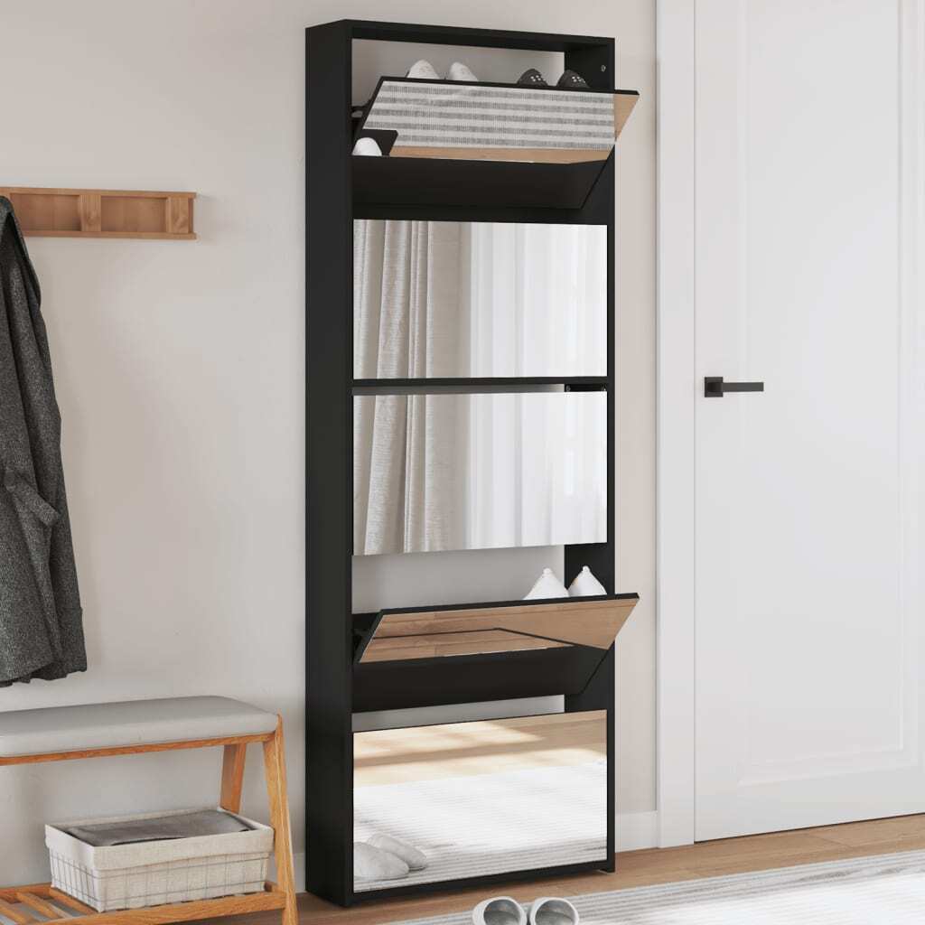 Szafka na buty z lustrem 5 przegródek czarna 63x17x169,5 cm