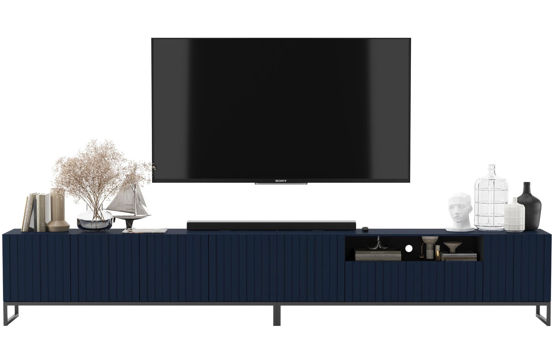 Szafka RTV Glamour Komoda RTV Granatowy MAT 300 cm Ryflowane fronty Czarne Ramy Półka RTV