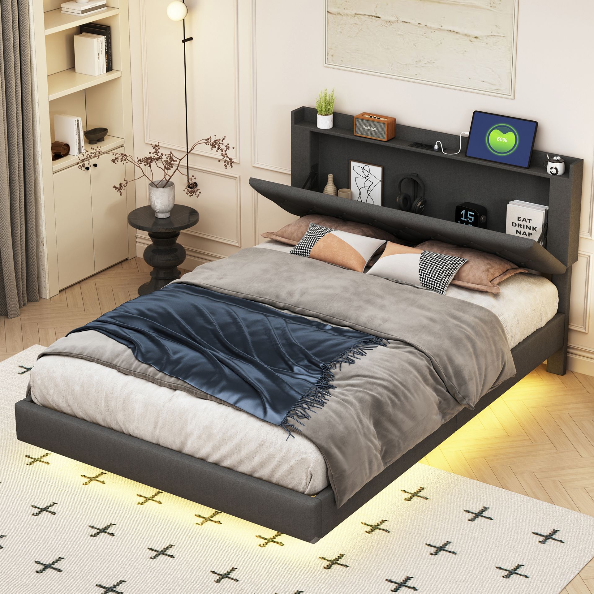 Łóżko tapicerowane Flieks 140x200 cm z USB, podwójne łóżko młodzieżowe z LED, klasyczne łóżko drewniane z zagłówkiem i stelażem z listew, len, szare