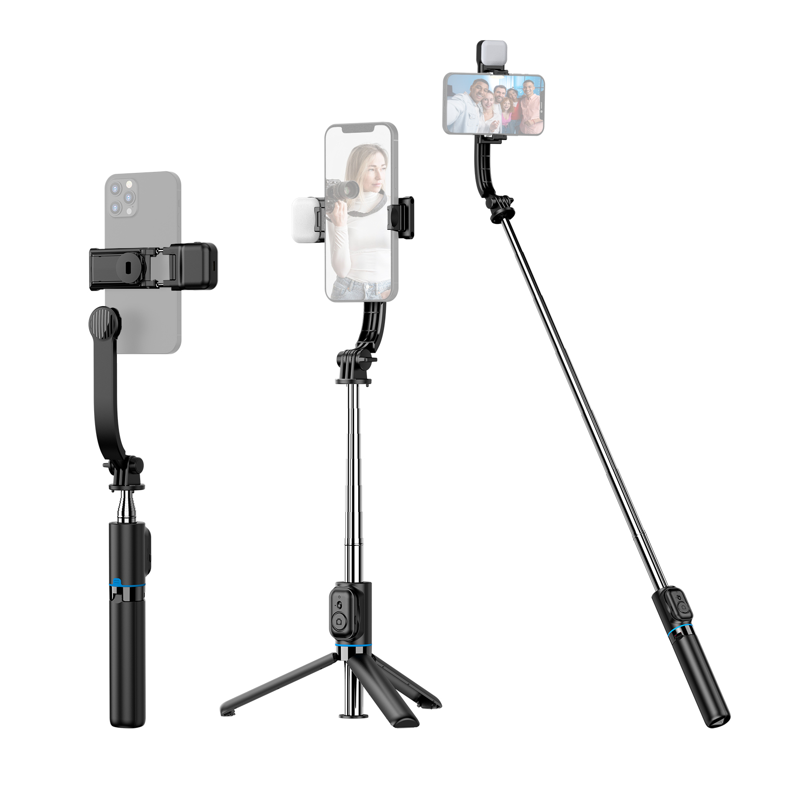 wielofunkcyjny statyw biurkowy selfie stick 107 cm/42 cale, 7 sekcji, obracany o 360′, z odłączanym klipsem na telefon, odłączanym światłem wypełniającym i pilotem, kompatybilny z systemem Android 4.4/iOS 5.1 do transmisji na żywo/vloga/video/konferencji